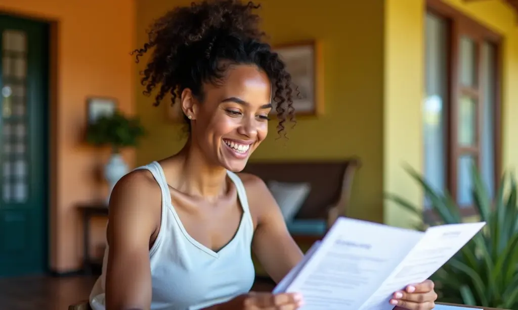 Como se Planejar Financeiramente para um Ano Sabático Mulher sorrindo enquanto planeja financeiramente seu ano sabático em casa.