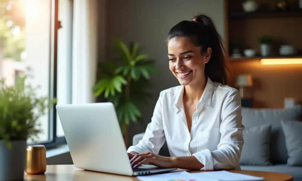 Como se Planejar Financeiramente para um Ano Sabático Mulher sorrindo planejando as finanças para o ano sabático, usando um laptop em um apartamento aconchegante.
