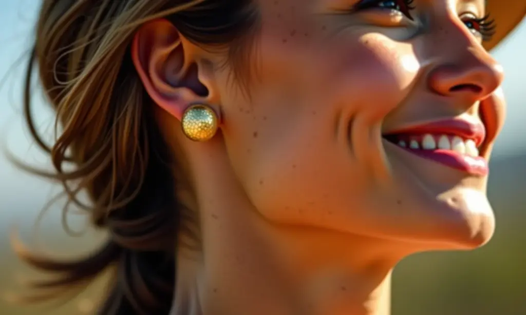 Mulher sorrindo usando um elegante ear cuff dourado na orelha.