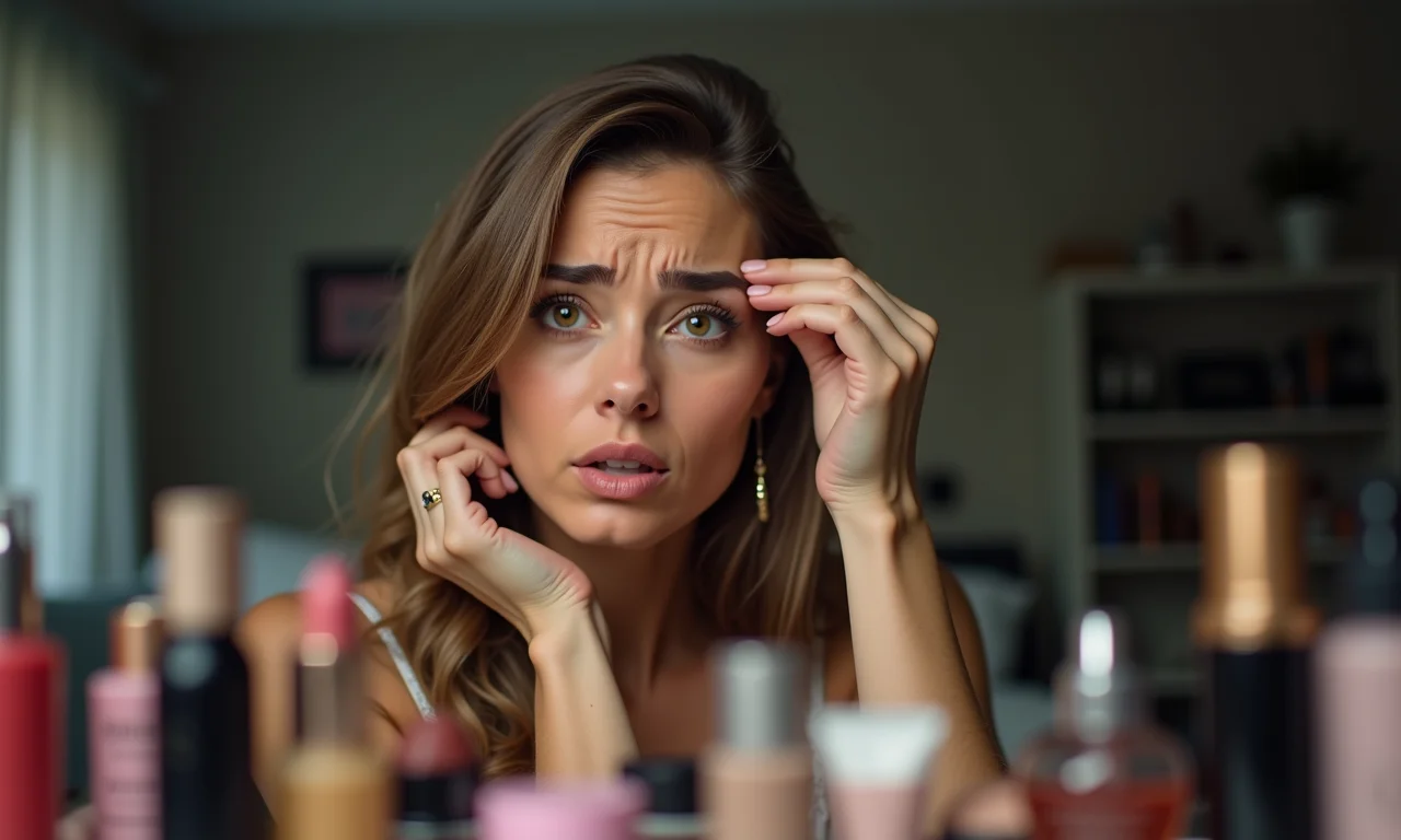 Mulher tentando fazer Brow Lamination em casa, com expressão frustrada.