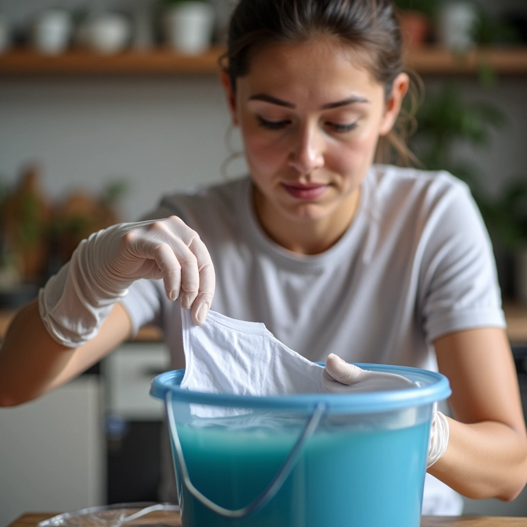 Mulher tingindo roupa em casa com segurança.