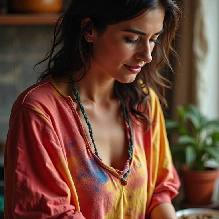 Como tingir roupa em casa: um guia passo a passo Mulher tingindo roupas em casa com tintas coloridas.