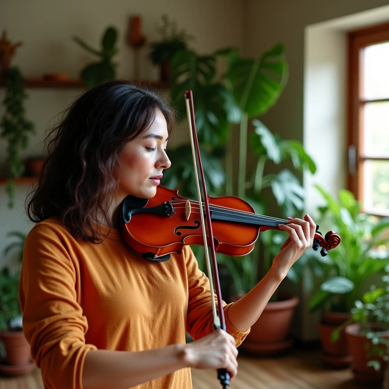 Mulher tocando violino em sala vibrante, desenvolvimento da coordenação motora.