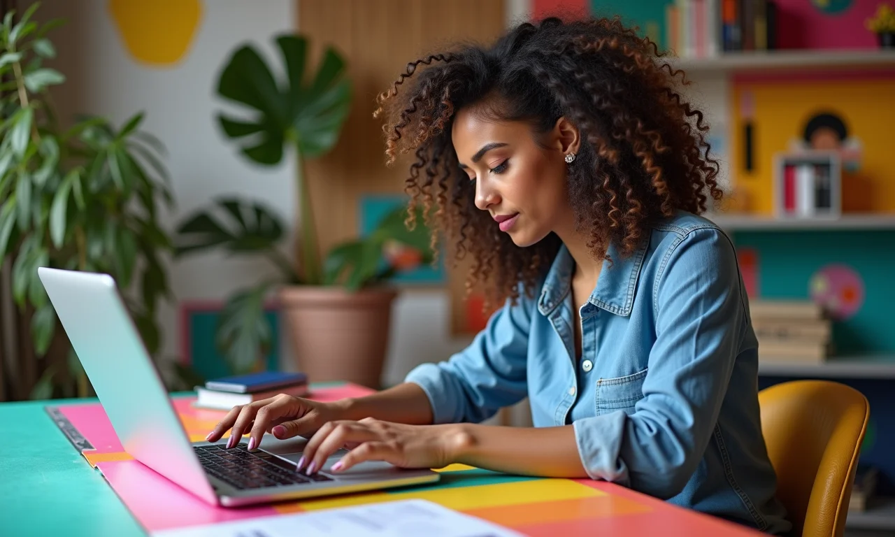 Mulher trabalhando em estratégia de mídia social em mesa colorida com laptop e celular.