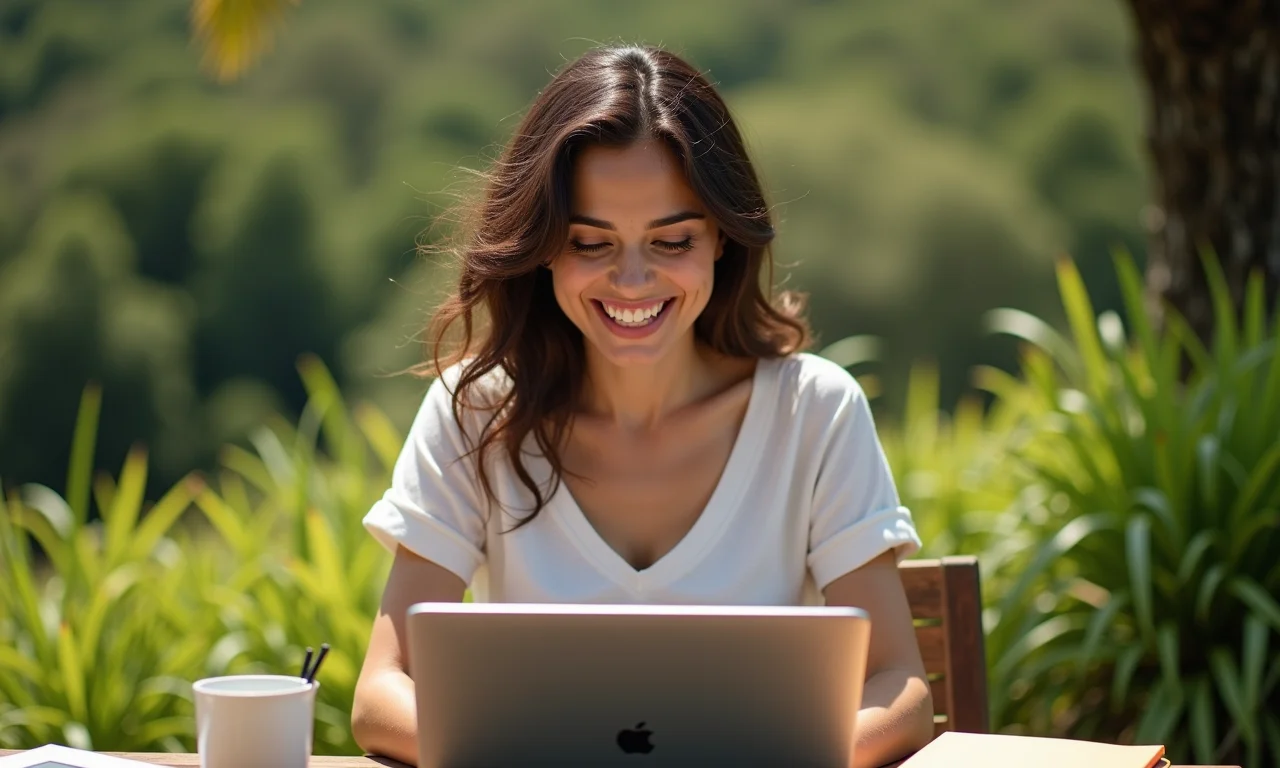 Mulher trabalhando no laptop com paisagem brasileira exuberante ao fundo.