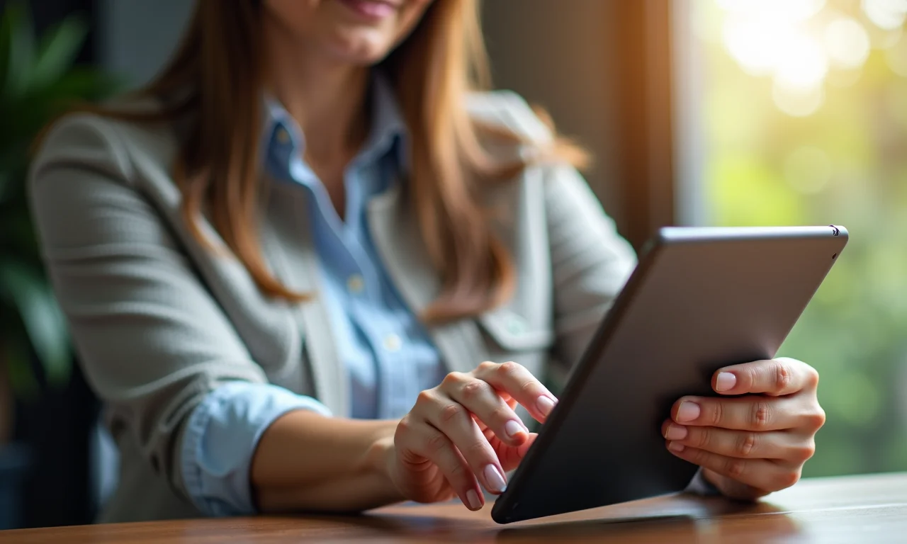 Mulher transferindo seus fundos de pensão usando um aplicativo bancário no tablet.