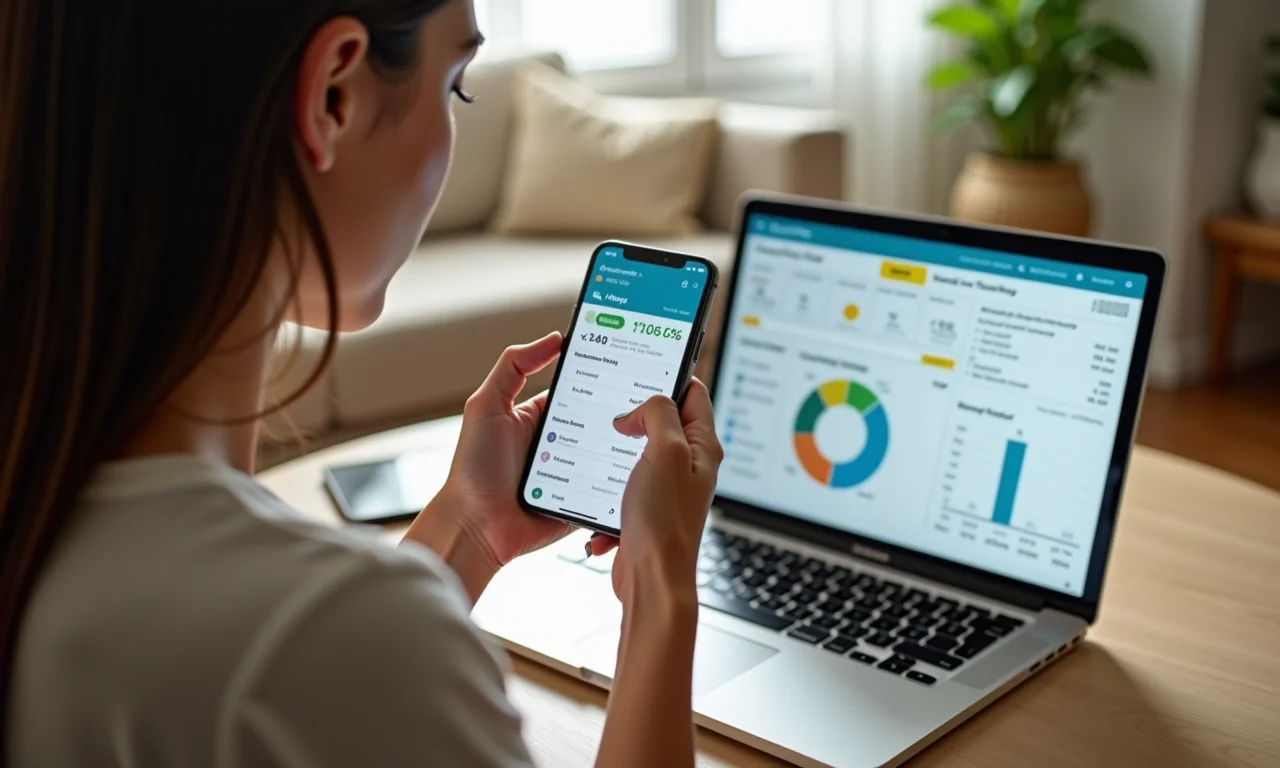 Mulher usando app de orçamento no celular em um aconchegante apartamento brasileiro.