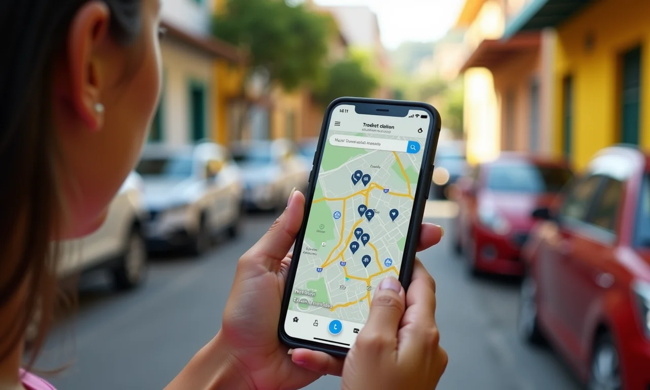 Mulher usando app de transporte com carros em tempo real em cidade brasileira.