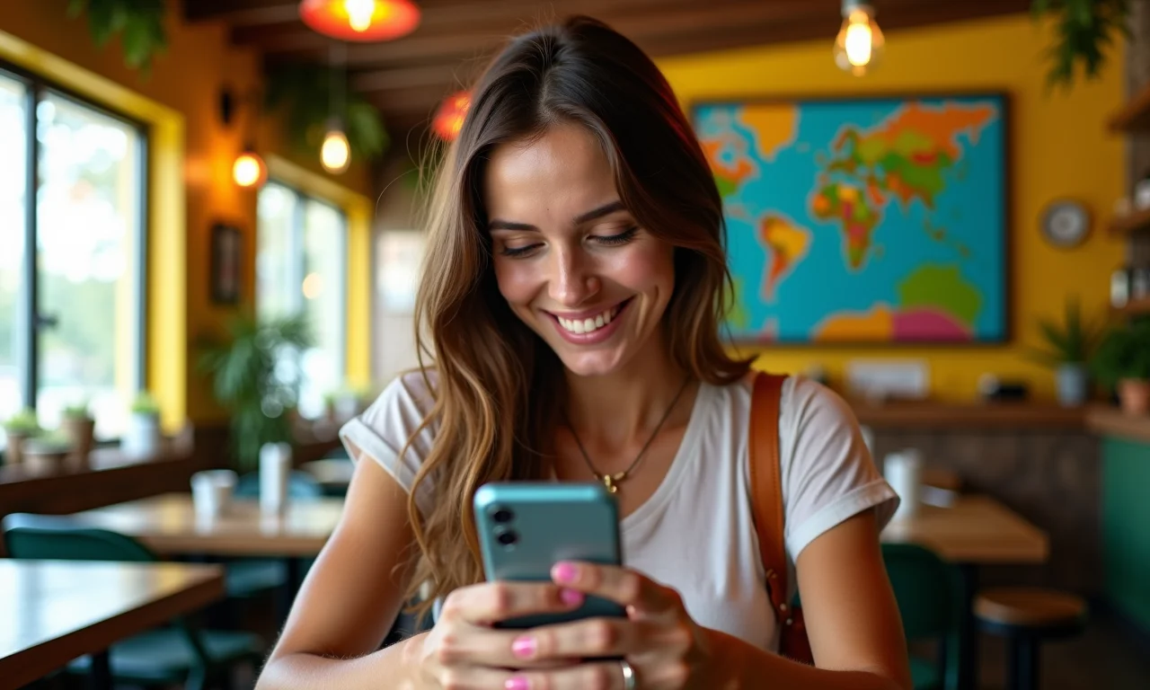 Mulher usando Google Maps em café com decoração brasileira.
