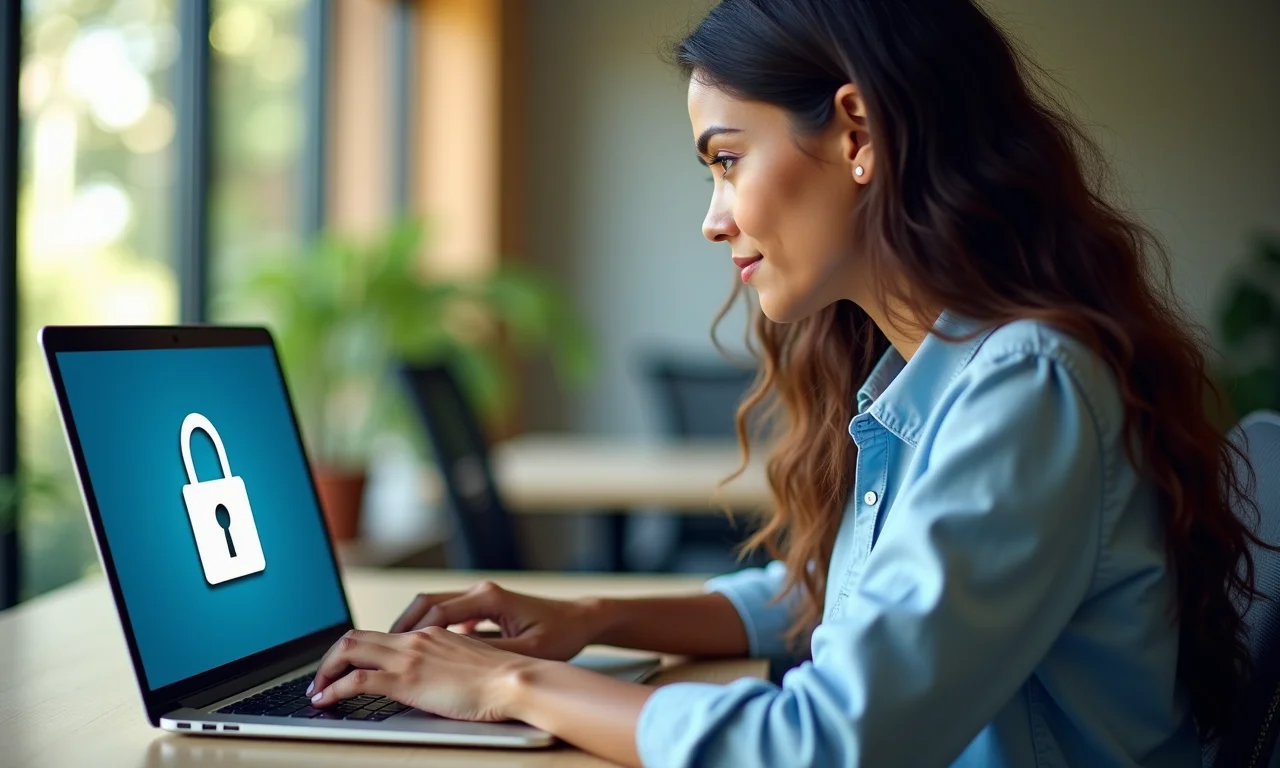 Mulher usando laptop com ícone de cadeado, representando proteção de privacidade online e dicas práticas.