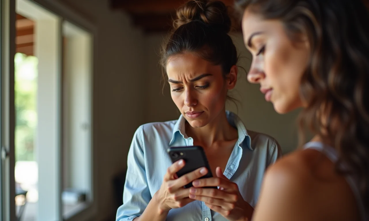 Mulher usando o celular com expressão preocupada, representando manipulação e controle.