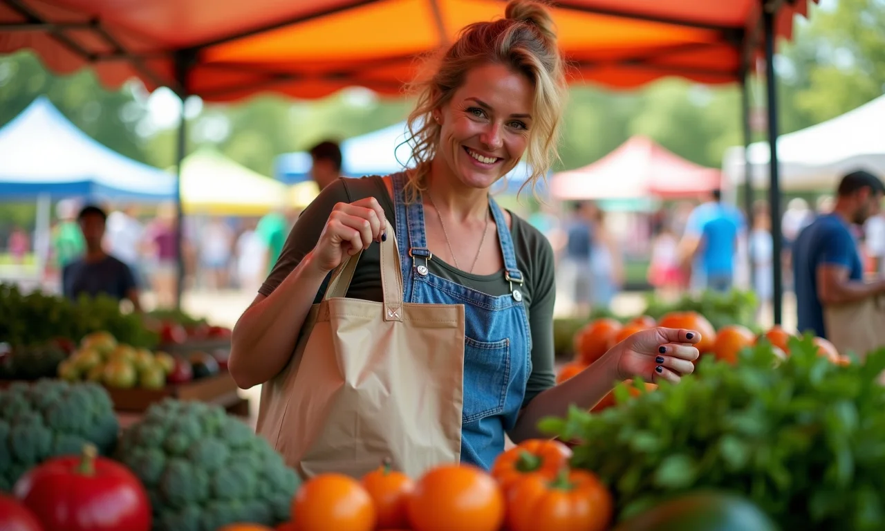 Mulher usando sacolas reutilizáveis em um mercado de agricultores, destacando os benefícios da educação sustentável.