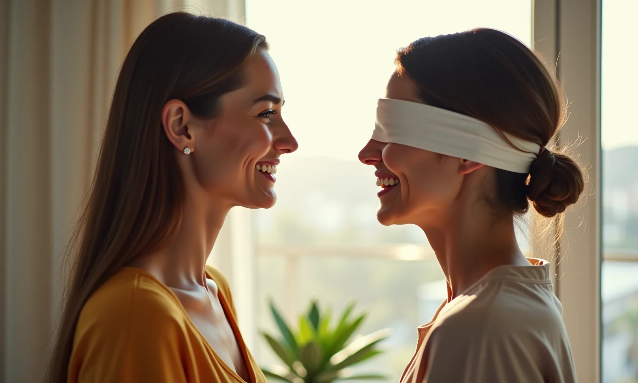 Mulher vendada praticando exercício de empatia com outra mulher