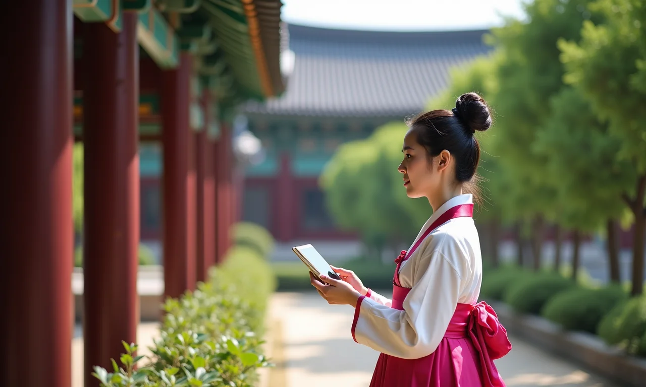 Mulher vestida com hanbok admirando o Palácio Gyeongbokgung.