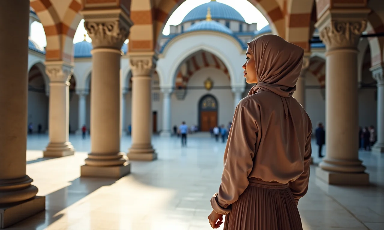 Mulher vestida respeitosamente visitando mesquita na Turquia.