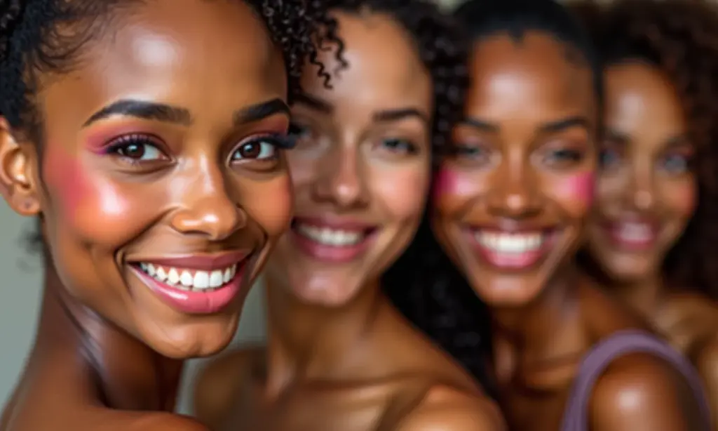 Mulheres diversas aplicando blush em diferentes tons de pele.