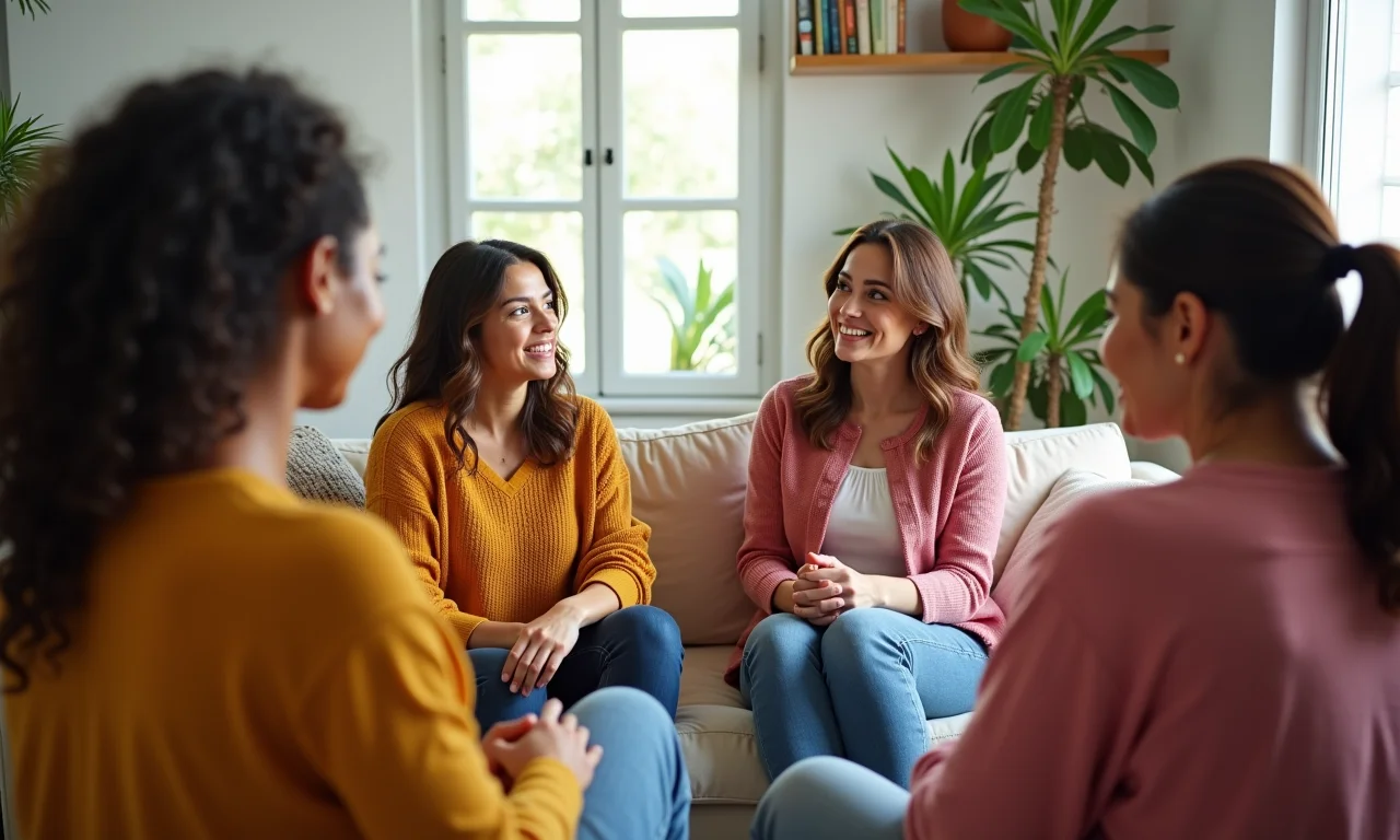Mulheres diversas em grupo de apoio discutindo tipos de miomas.