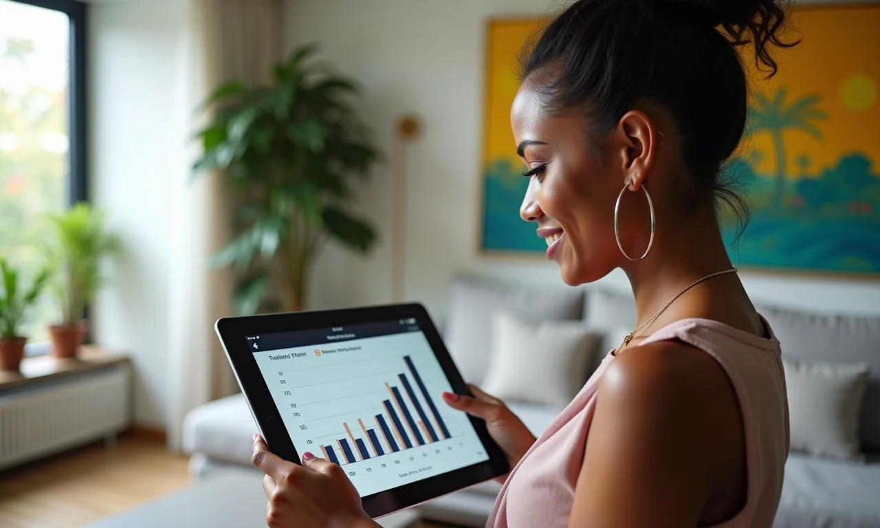 Mulheres diversas investindo, tablet mostrando crescimento de investimentos em apartamento brasileiro.