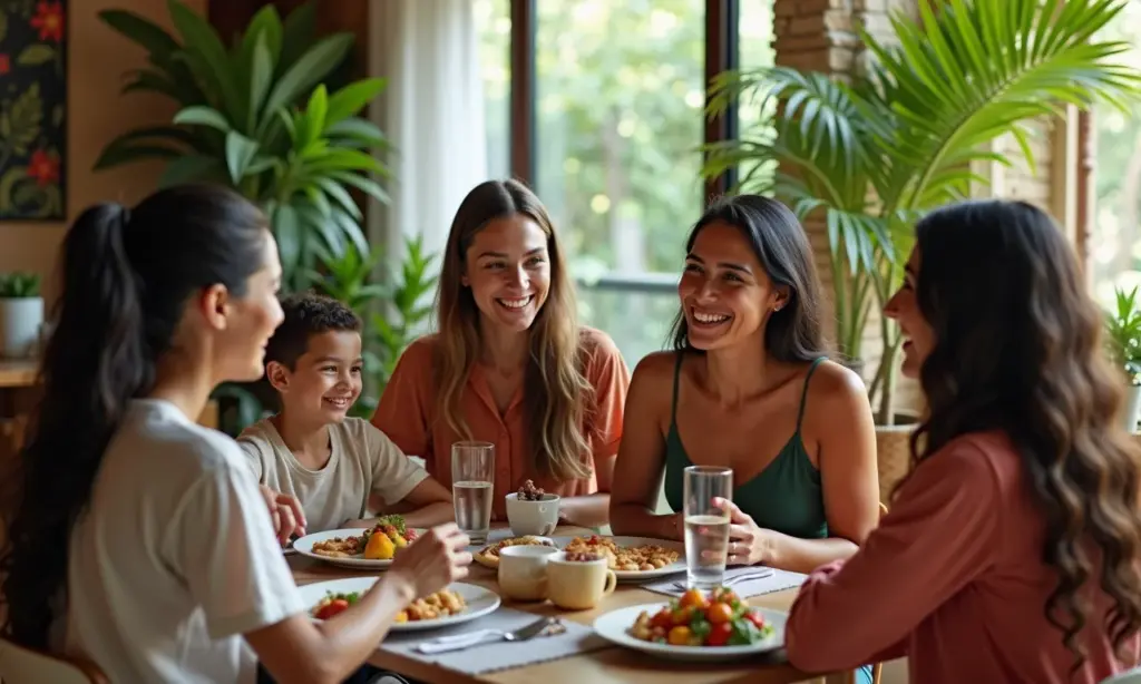 Coaching Familiar: Ferramentas para a Harmonia no Lar Mulheres diversas reunidas em sala colorida, estilo brasileiro, conversando sobre família.