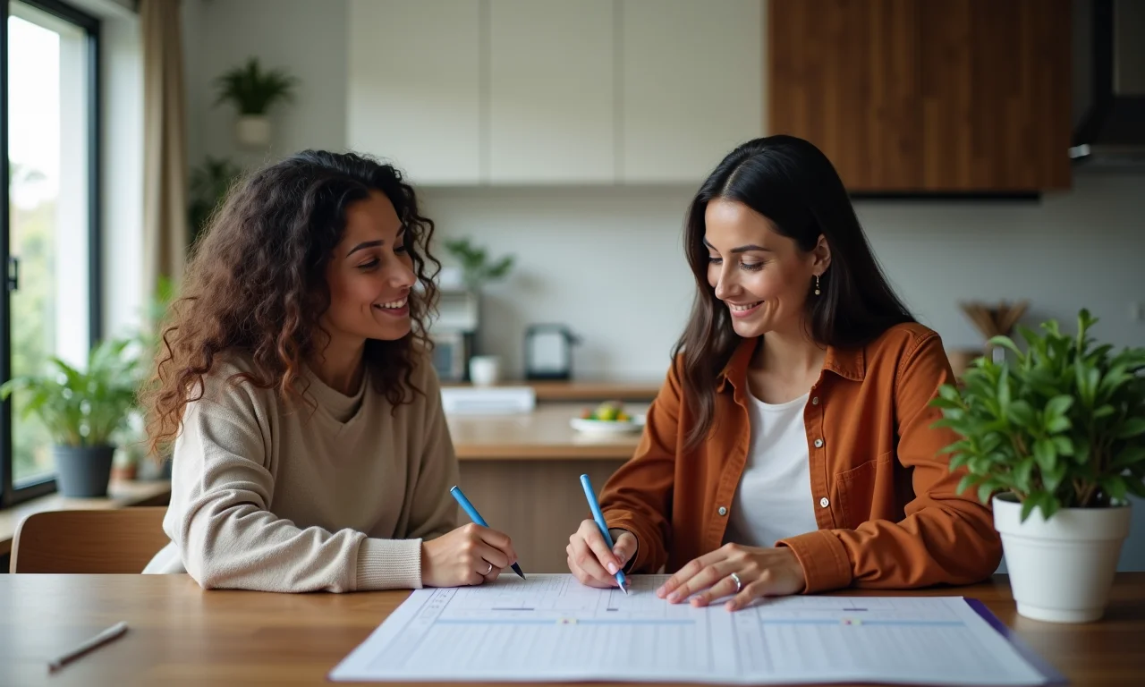 Mulheres planejando reuniões familiares em apartamento brasileiro moderno.