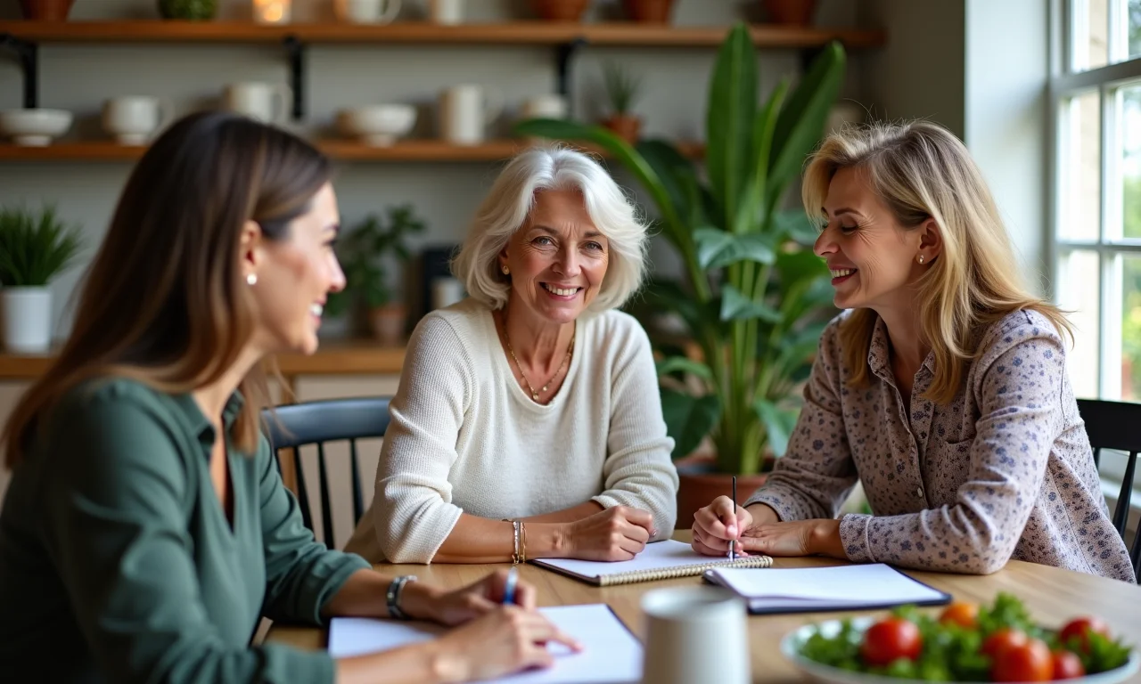Mulheres reunidas em mesa de jantar, discutindo e anotando
