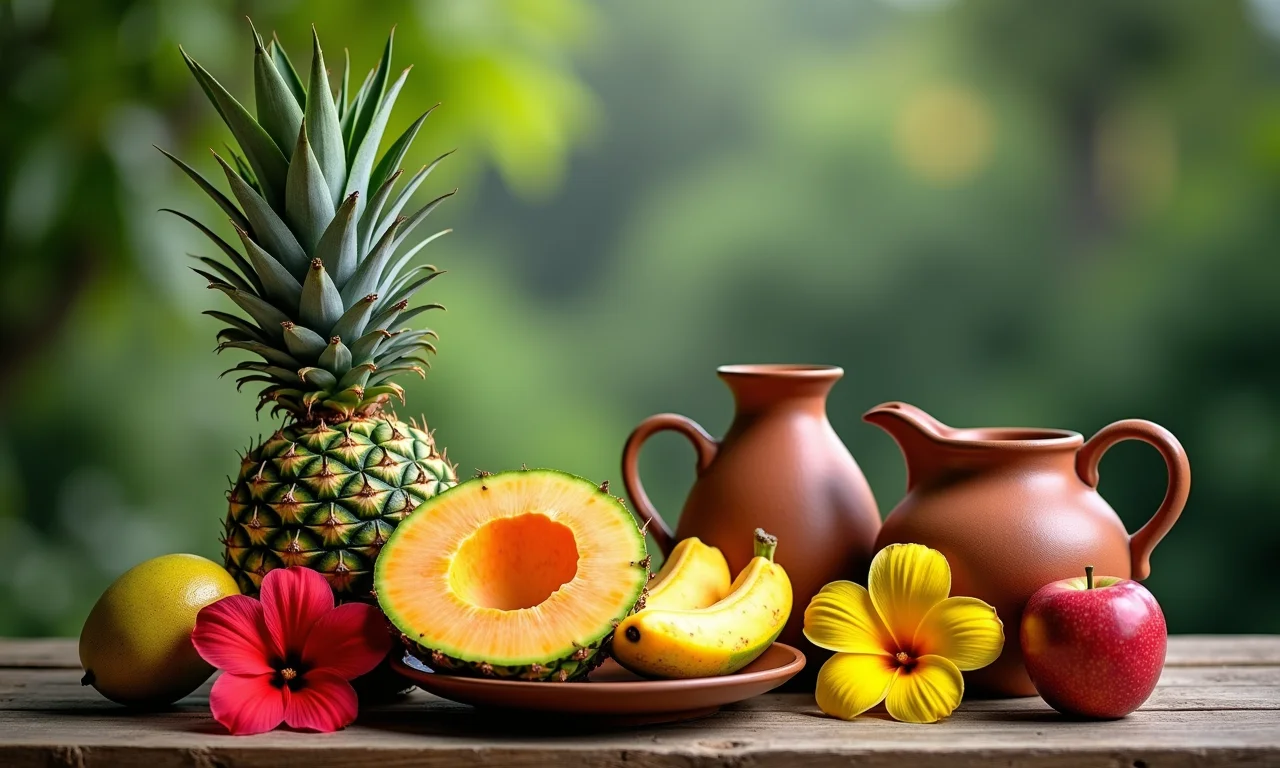 Natureza morta com frutas tropicais, flores e cerâmica artesanal.
