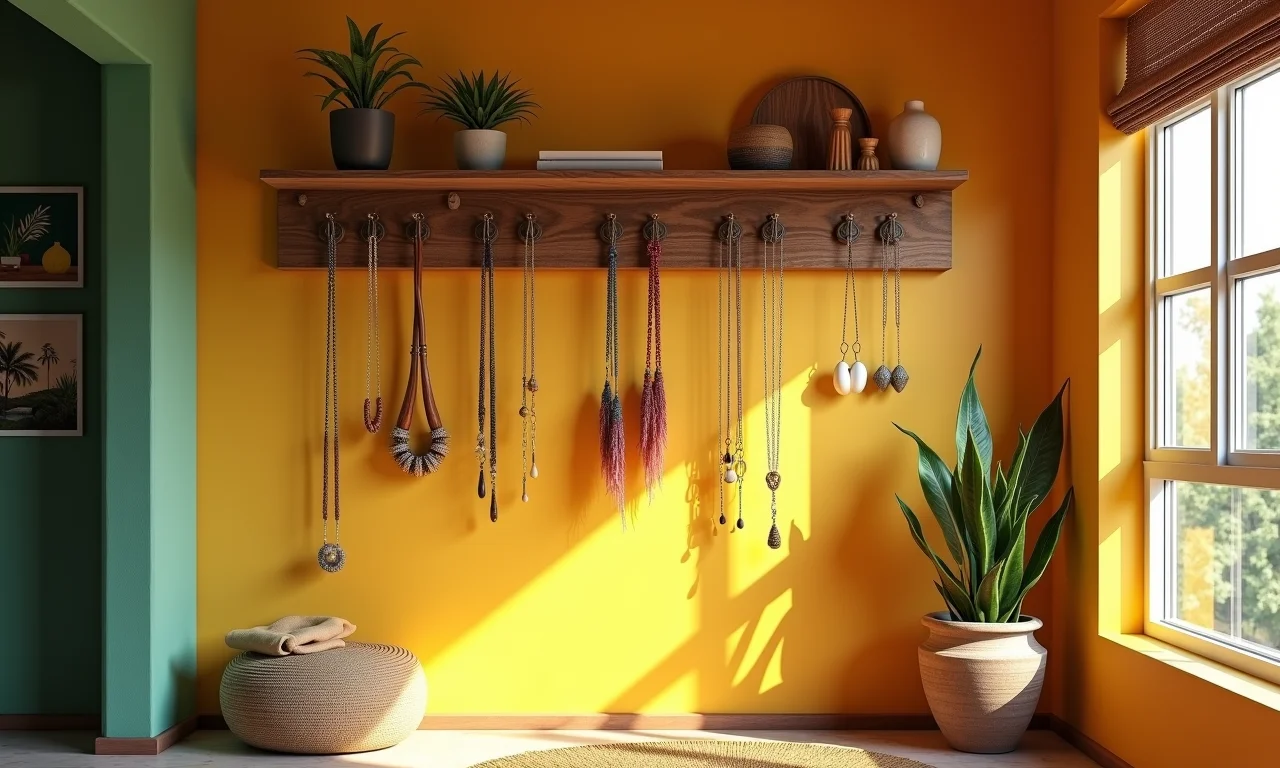 Nichos e prateleiras na parede para organizar bijuterias.