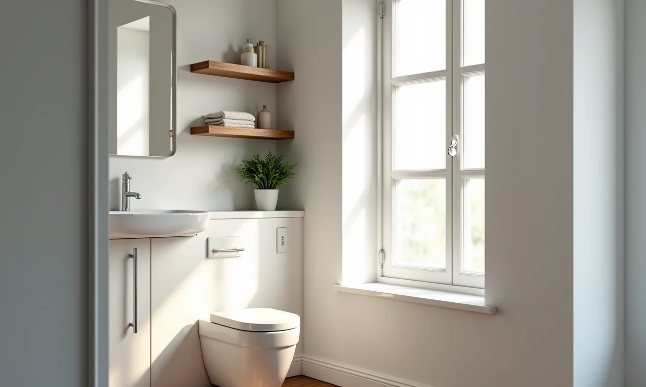 Nichos e prateleiras otimizando o espaço vertical em um banheiro pequeno.