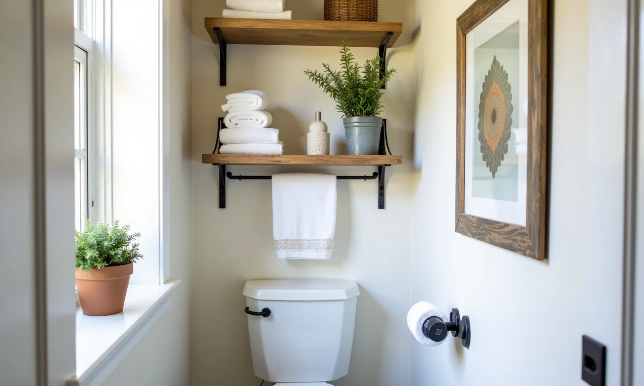 Nichos embutidos otimizando espaço em um banheiro pequeno.