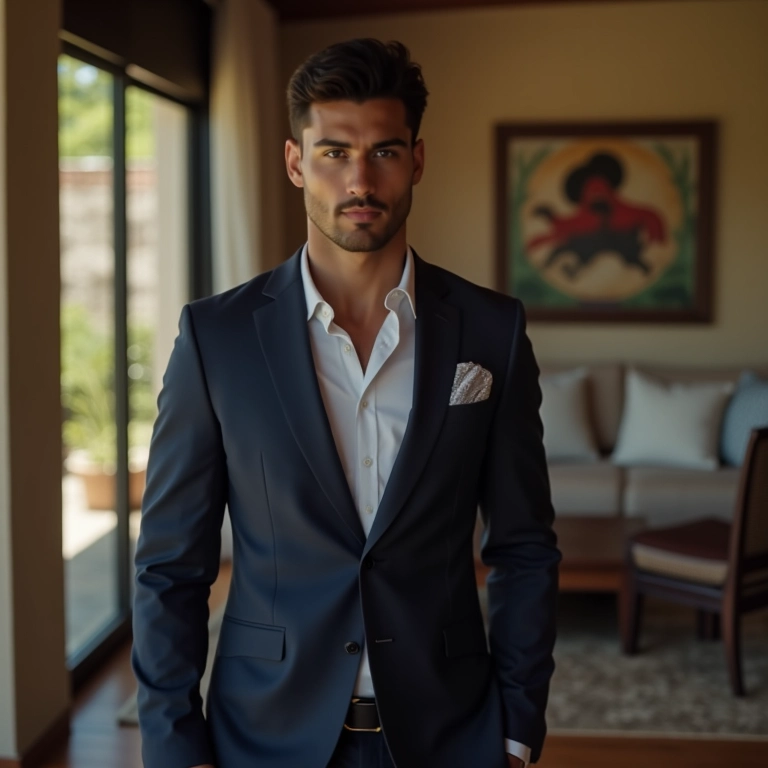 Como escolher o terno do noivo: 7 dicas essenciais Noivo se preparando para o casamento em casa com decoração moderna e vibrante.