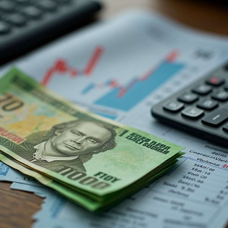 Notas de real empilhadas com calculadora e gráfico crescente.