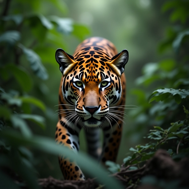 Onça-pintada caminhando na selva amazônica, mostrando sua força e beleza.