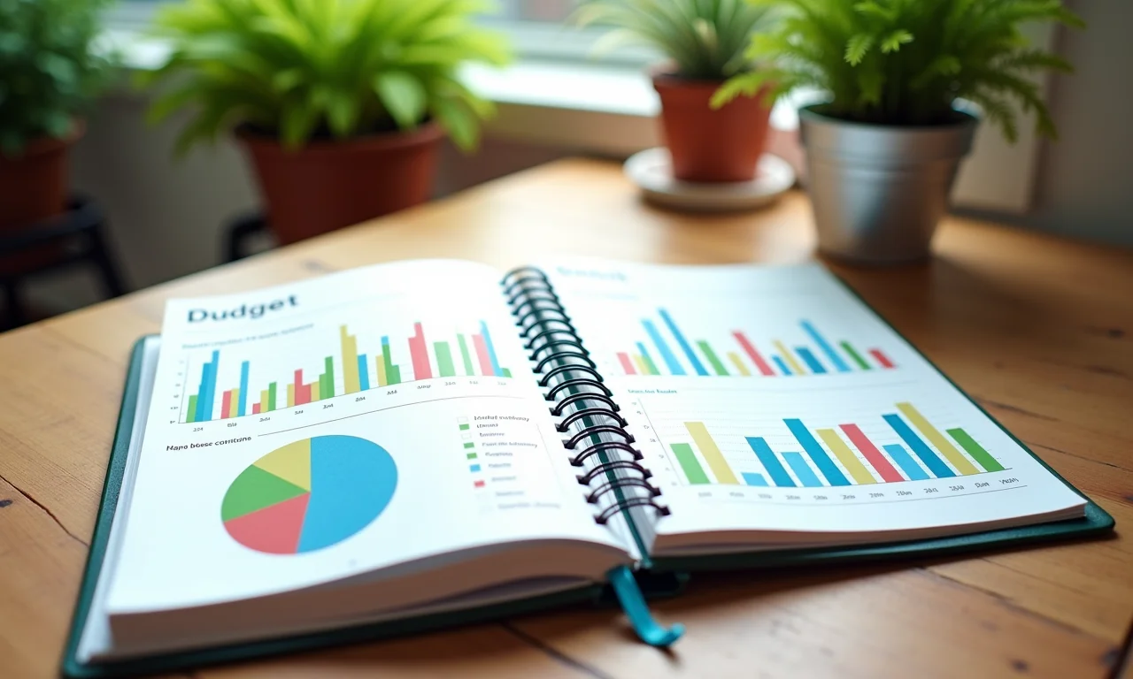 Orçamento detalhado em um caderno colorido sobre uma mesa.