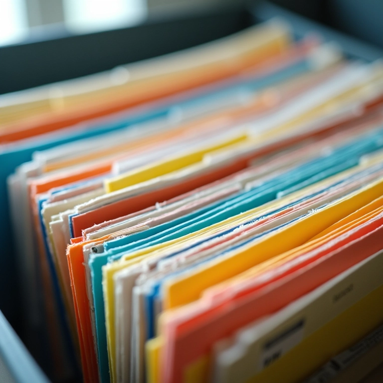 Organizador de documentos sanfona cheio de documentos fiscais coloridos.