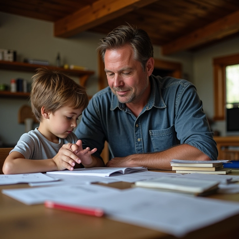 Pai auxiliando filho(a) nos estudos em mesa rústica.