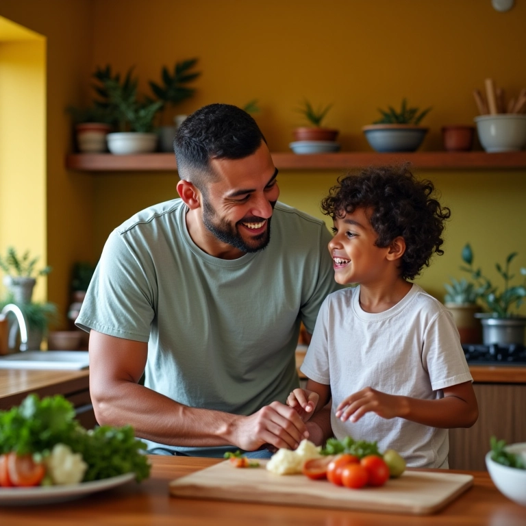 Pai e filho(a) rindo juntos preparando comida em cozinha colorida.