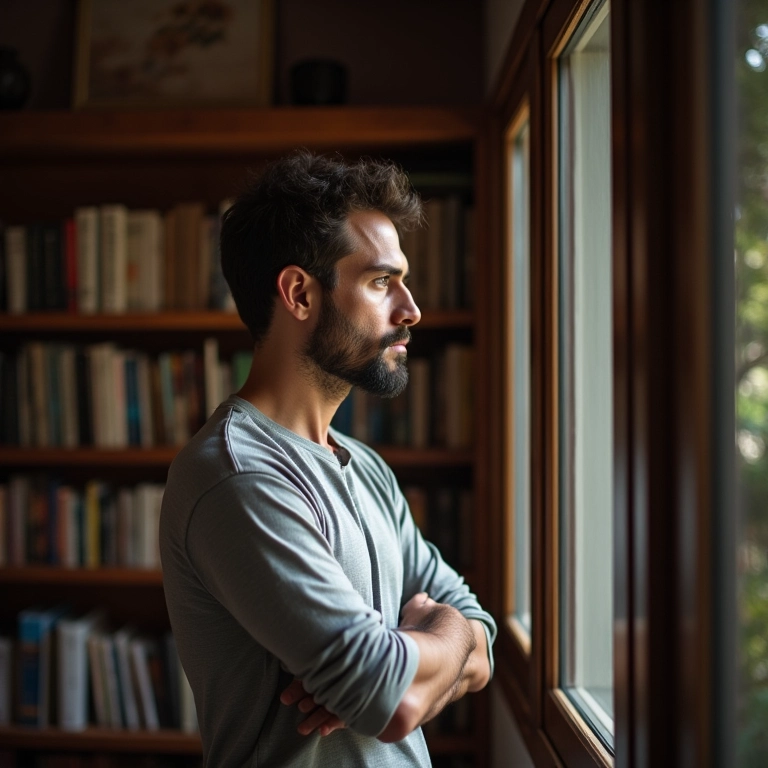 Pai pensativo olhando pela janela em casa aconchegante.