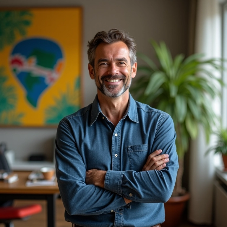 Pai sorrindo em escritório ensolarado, transmitindo autoconfiança.