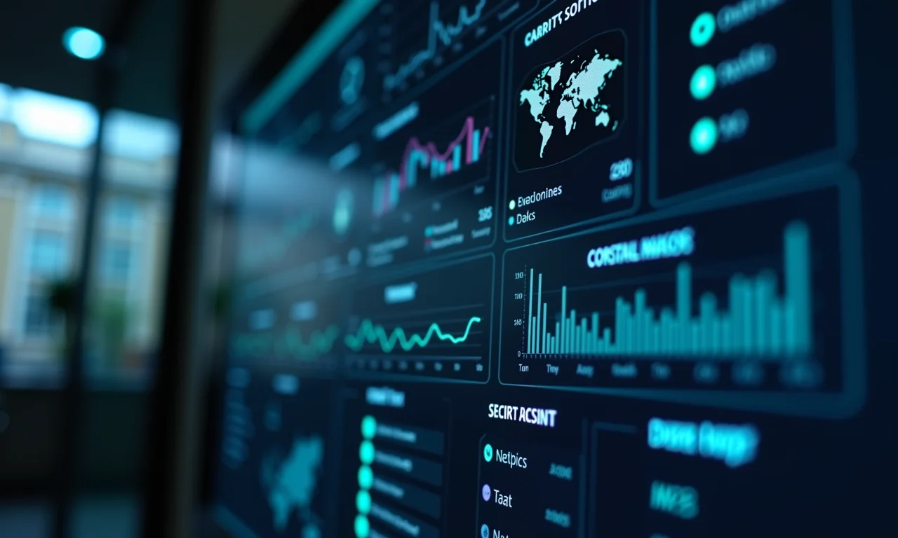 Painel de monitoramento de tráfego de rede com analistas de segurança.