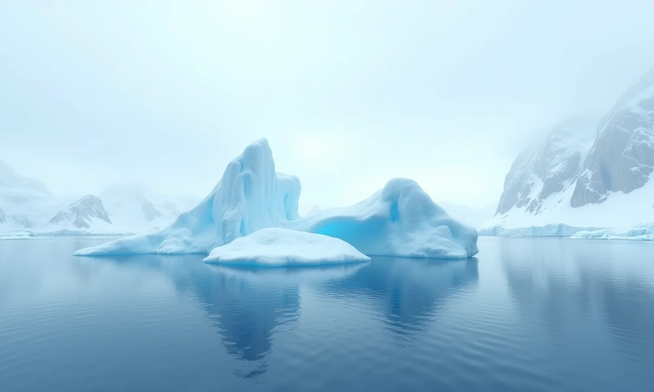 Paisagem da Antártida com icebergs, geleiras e oceano congelado.