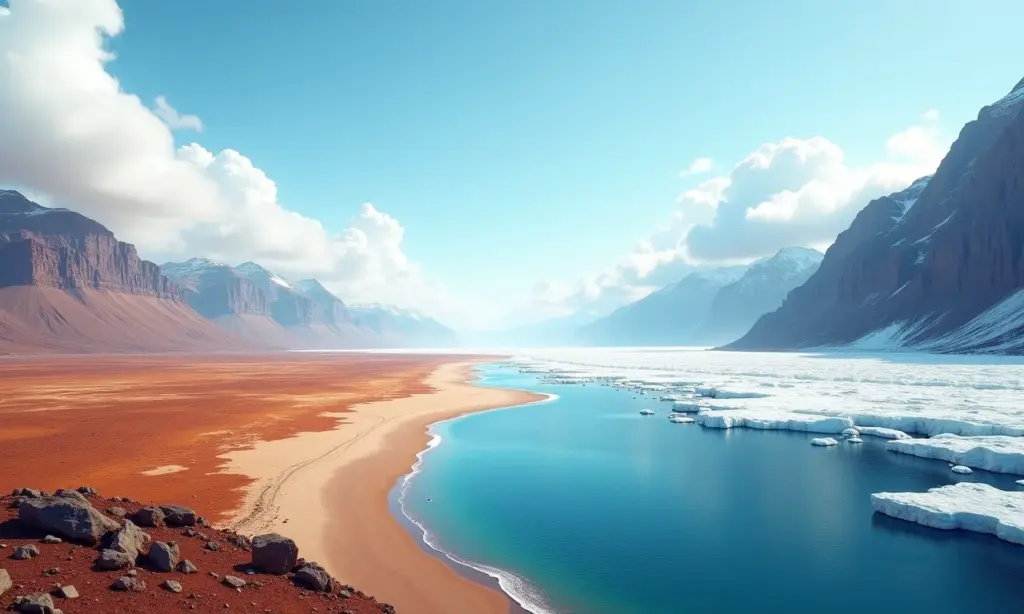 Natureza Extrema: 5 Lugares Incríveis Paisagem panorâmica da Terra mostrando desertos, montanhas, oceanos e gelo, representando a natureza extrema.