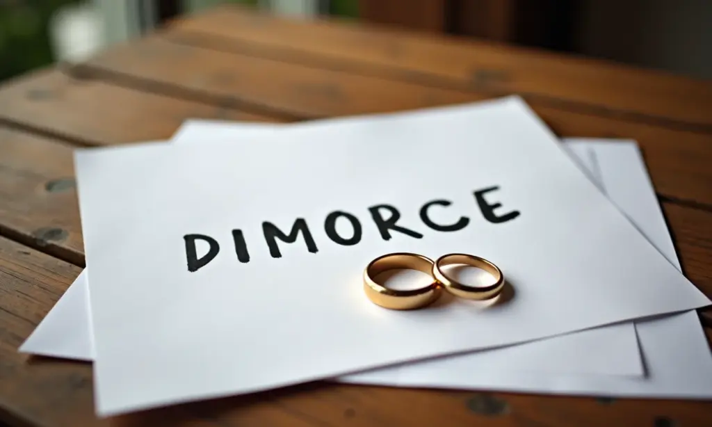 Custas de um Processo de Divórcio: Quanto Custa Separar? Papéis de divórcio e alianças sobre mesa de madeira, simbolizando o fim do casamento.