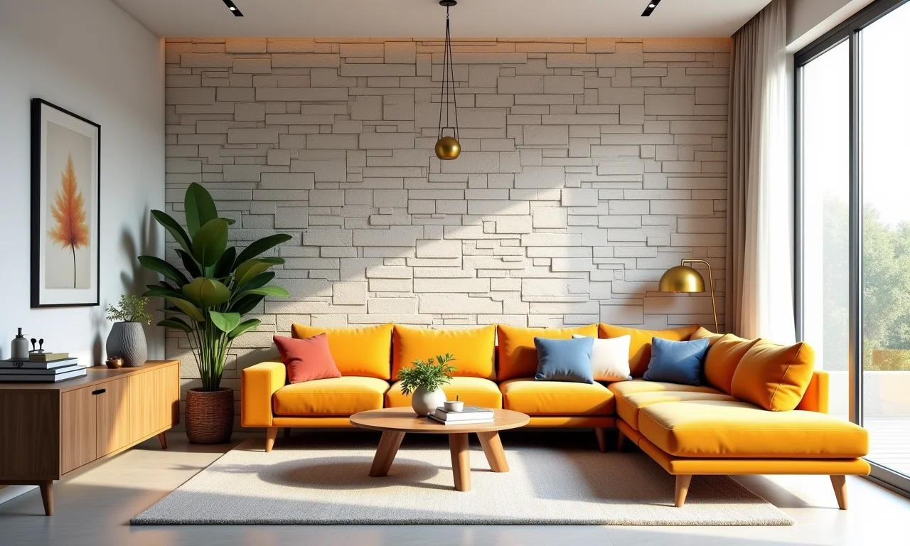 Parede de pedra combinada com móveis coloridos e elementos de madeira.