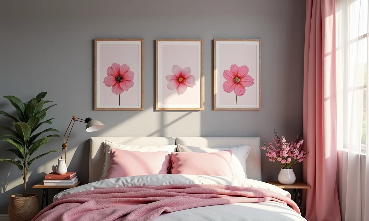 Paredes decoradas com quadros e posters românticos em um quarto cinza e rosa.