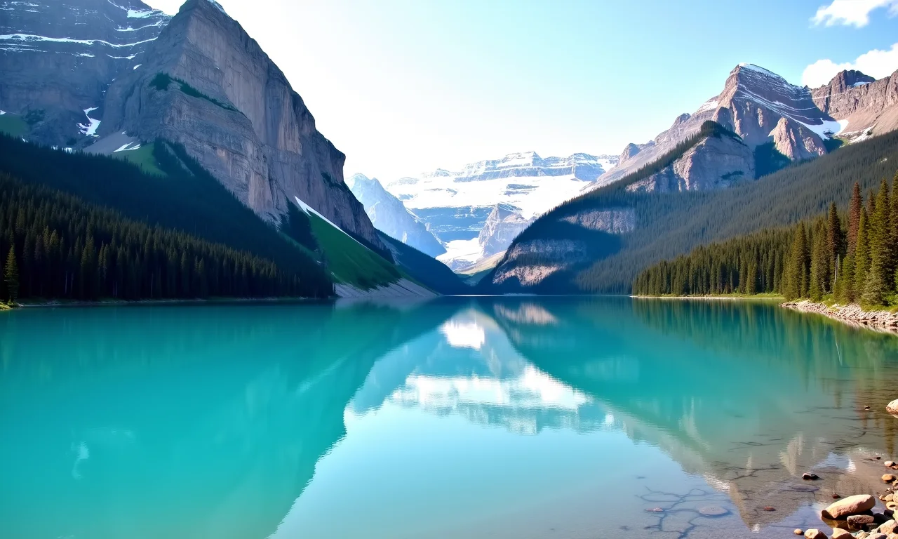 Parque Nacional de Banff, Canadá: Lago turquesa refletindo as montanhas Rochosas.