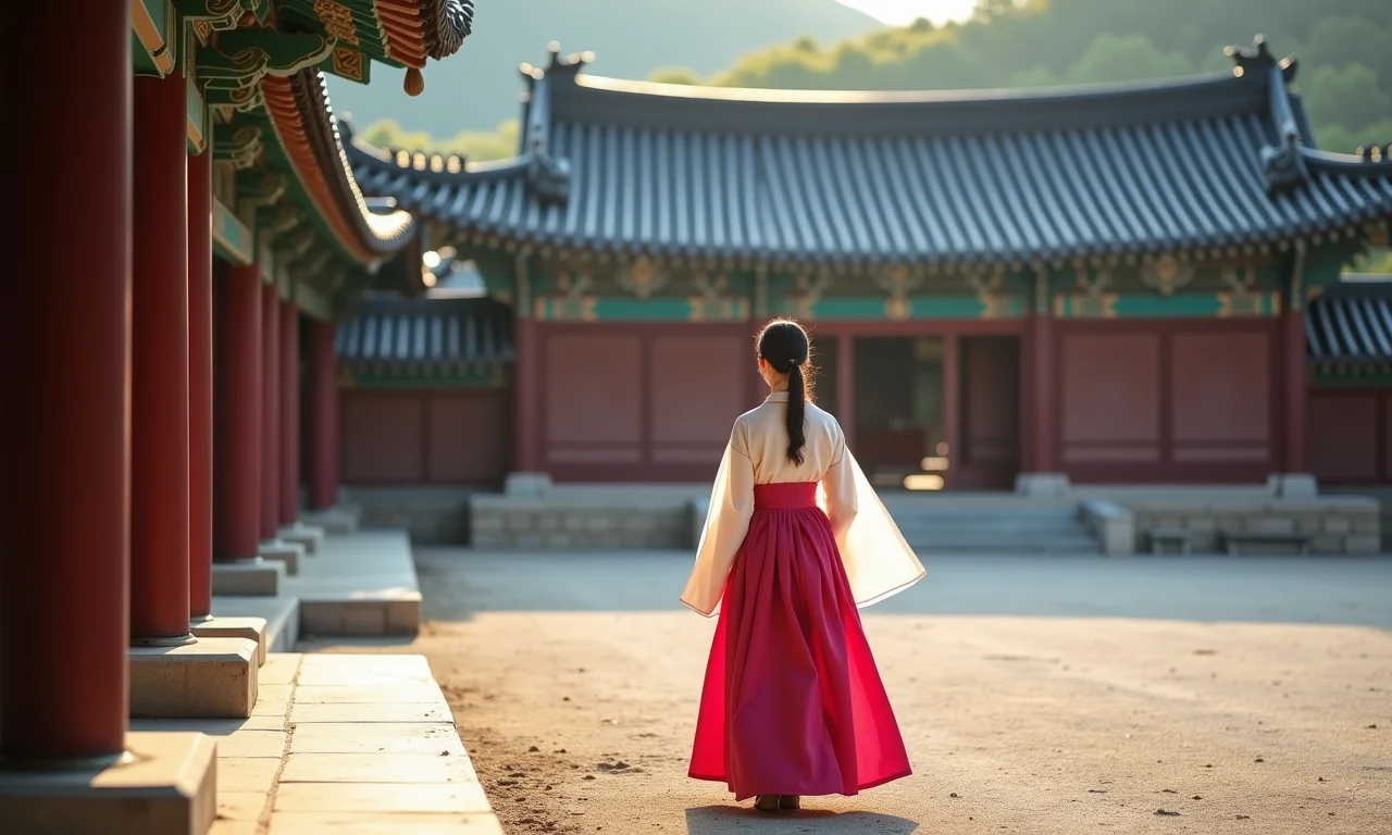 Pátio do Palácio Gyeongbokgung com mulher vestindo hanbok tradicional.