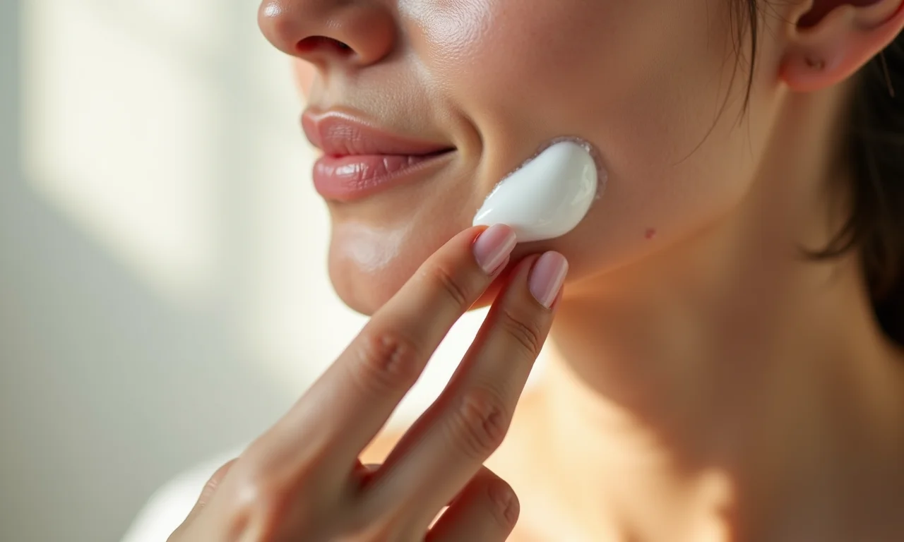 Pele oleosa sendo hidratada com uma loção leve e não comedogênica.