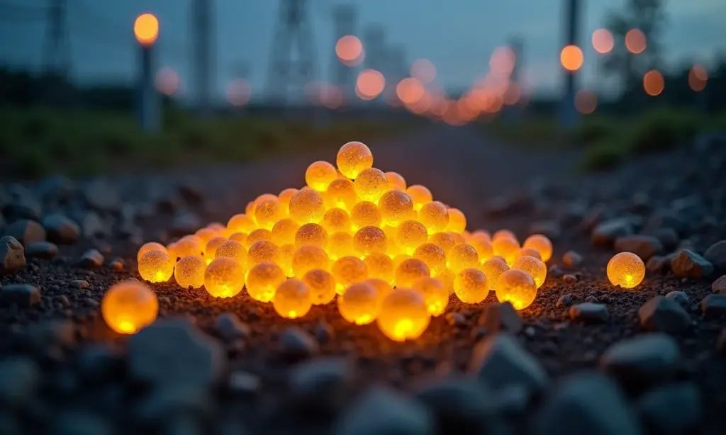 Pelotas de combustível de urânio brilhando em uma grade de energia moderna.