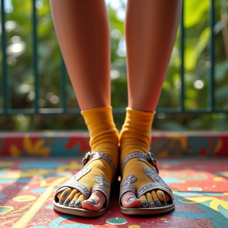 Pés com sandálias e meias finas em varanda colorida.