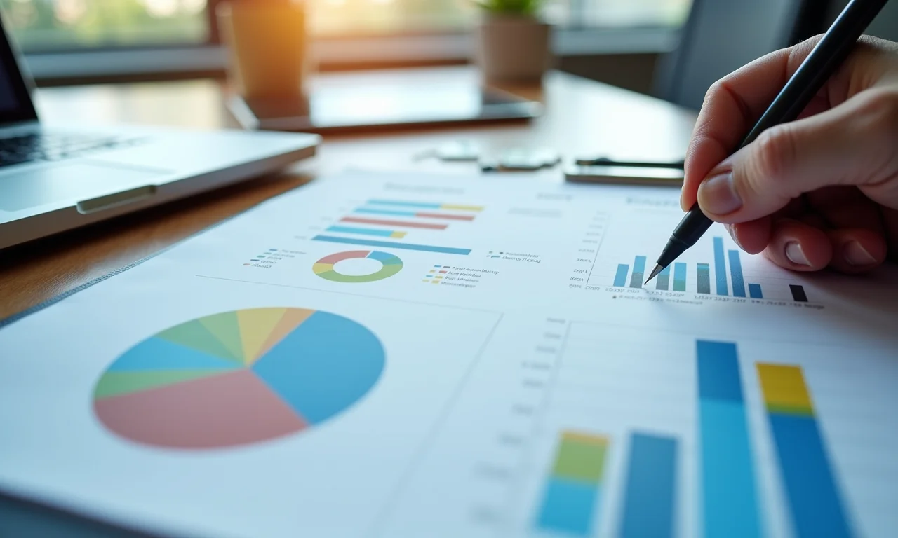 Pesquisa quantitativa com gráficos e ferramentas de medição em ambiente de escritório.
